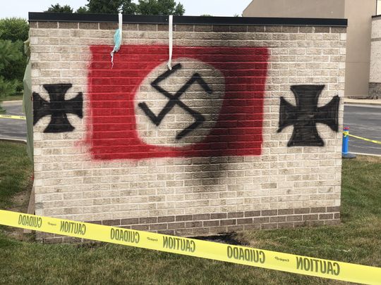 vandalized synagogue, Nazi symbols, Indiana